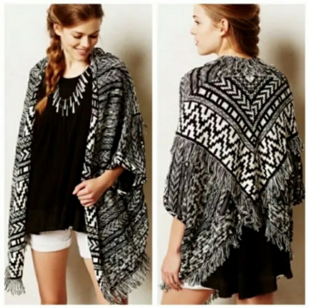 MOTH Anthropologie Black White Fringed Intarsia Knit Open Cardigan Sweat…